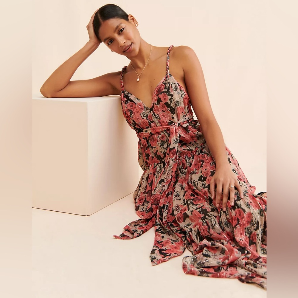 ASTR the Label Eartha Floral Tiered Maxi Dress Multicolor Taupe Pink Stunning - Picture 14 of 15